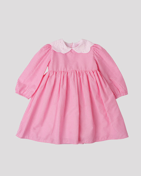 Rochie roz cu patratele si guler brodat